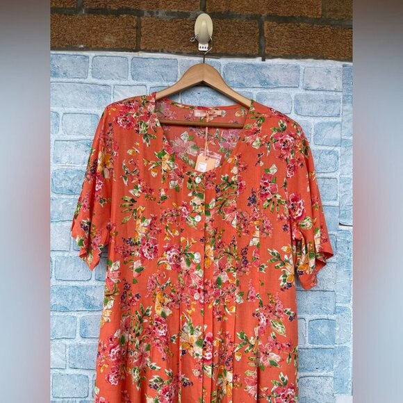 La Cera Button Front Short Sleeve coral floral print Dress  size 1X - Picture 2 of 10